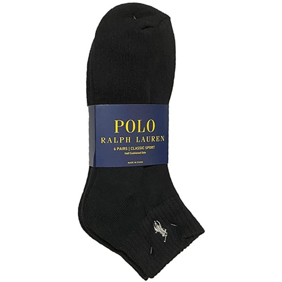 Polo Ralph Lauren Black Socks 6-Pair Cushioned Quarter Sport Socks Grey Pony - Picture 2 of 4
